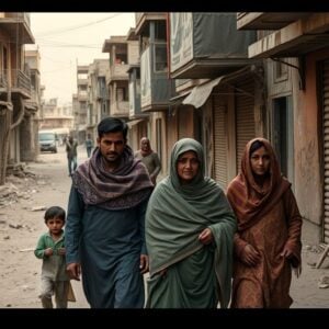 Afghan and Pakistani families walking down worn streets