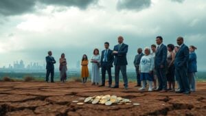 Concerned people, officials, barren earth, distant cities, coins