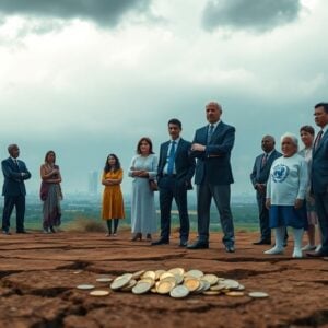 Concerned people, officials, barren earth, distant cities, coins