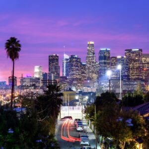 Dusk city skyline with tall illuminated buildings, palm trees in the foreground, and a residential street with red car light trails moving through the block.