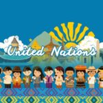 Colorful United Nations banner with diverse children holding hands in front of world landmarks and a sun motif in the background.