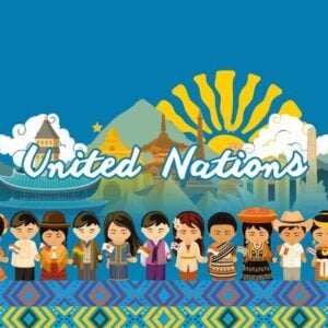 Colorful United Nations banner with diverse children holding hands in front of world landmarks and a sun motif in the background.