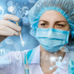 Lab technician in a mask and cap uses a pipette to transfer liquid into a test tube, with digital medical icons in the background.