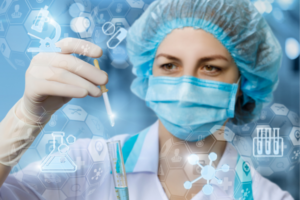 Lab technician in a mask and cap uses a pipette to transfer liquid into a test tube, with digital medical icons in the background.