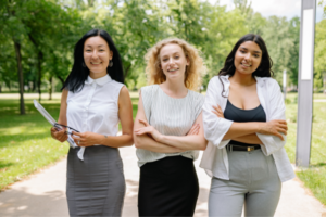 Three women stand together on a sunny park path, smiling at the camera, one holding papers.
