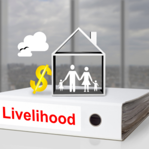 Binder labeled Livelihood with a house silhouette containing a family, a yellow dollar sign, and a cloud above—the image suggests housing and financial security.