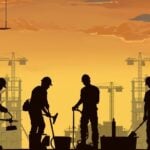 Five construction workers silhouetted on a site at sunset, with cranes and scaffolding in the background; two are suspended on platforms above.