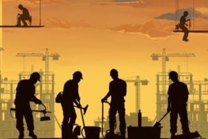 Five construction workers silhouetted on a site at sunset, with cranes and scaffolding in the background; two are suspended on platforms above.