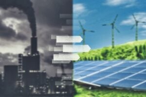 Split image: a smokestack pollution scene on the left and sunny renewable energy with solar panels and wind turbines on the right, connected by arrows indicating transition to clean energy.
