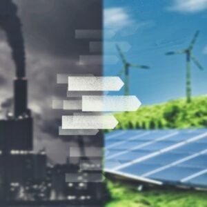 Split image: a smokestack pollution scene on the left and sunny renewable energy with solar panels and wind turbines on the right, connected by arrows indicating transition to clean energy.