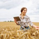 Woman in a plaid shirt holding a tablet while standing in a golden wheat field, inspecting the crops.