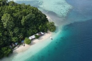 Aerial view of a tropical island with dense forest, white-sand beach, turquoise water, thatched huts along the shore, and a small boat near the beach.