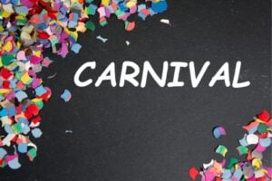 Colorful confetti scattered along the left and bottom edges framing the word CARNIVAL on a dark background, suggesting a festive celebration banner.