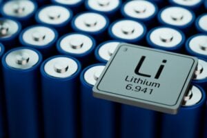 Close-up of blue cylindrical lithium battery cells with a square Li tile showing the element symbol and atomic number 3