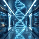 Blue holographic DNA double helix floating in a high-tech data center with server racks and digital interfaces nearby
