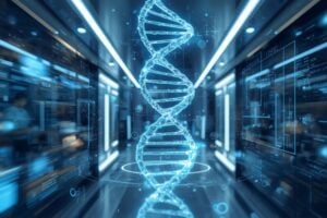 Blue holographic DNA double helix floating in a high-tech data center with server racks and digital interfaces nearby