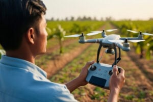 Person operating a quadcopter drone with a handheld remote controller in a sunlit agricultural field.