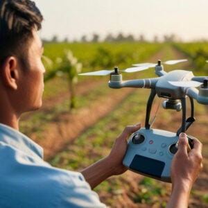 Person operating a quadcopter drone with a handheld remote controller in a sunlit agricultural field.