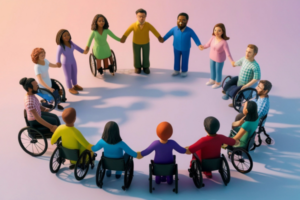 Diverse group of people in wheelchairs sit in a circle, holding hands.