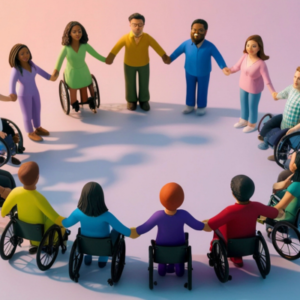 Diverse group of people in wheelchairs sit in a circle, holding hands.