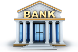 Classical bank facade with tall white columns and a gold BANK sign above the entrance