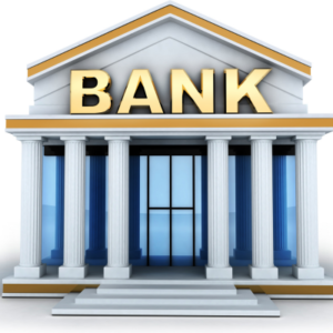 Classical bank facade with tall white columns and a gold BANK sign above the entrance
