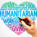 Heart-shaped word cloud about humanitarian aid with a hand drawing over words like give, giving, food, life, love, and work.