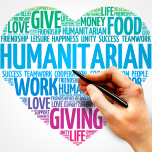 Heart-shaped word cloud about humanitarian aid with a hand drawing over words like give, giving, food, life, love, and work.