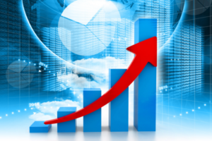 Blue bar graph showing an upward trend with a bold red arrow, set against a digital blue background indicating growth.