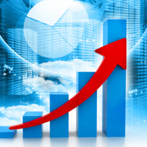 Blue bar graph showing an upward trend with a bold red arrow, set against a digital blue background indicating growth.