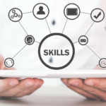 Tablet with a central circle labeled SKILLS connected to icons, representing skill development and networking.